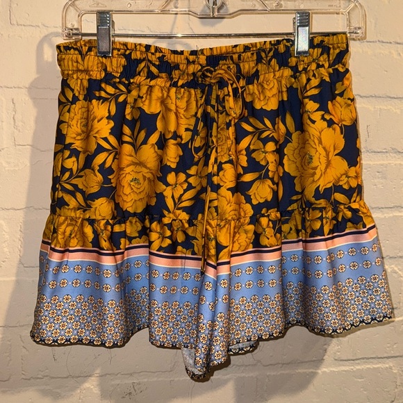 Lavender Brown Floral Shorts ruffled lined small drawstring - Picture 1 of 6